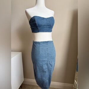 Fashion Nove Denim Blue Bustier and Skirt Set